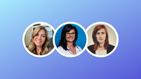 three women are shown in the middle of a blue background