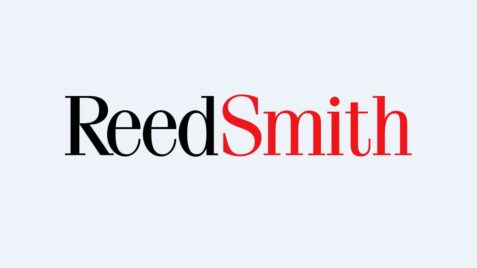 a red and black logo with the words reed smith