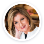 a woman with blonde hair smiling in a circle