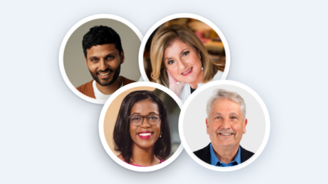 three headshots of people with different expressions
