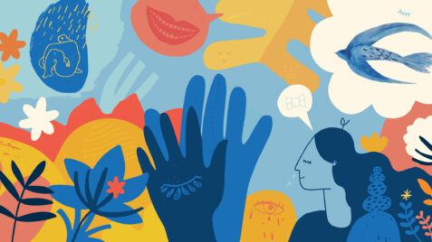 a woman is surrounded by flowers and birds