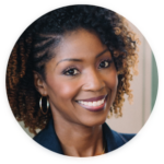 a woman with curly hair smiling in a circle