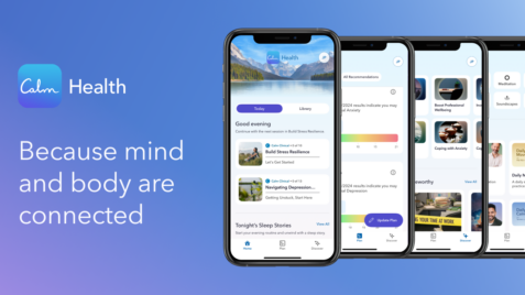 three iphones with the text calm health, because mind and body are connected