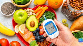 a person holding a thermometer in front of a variety of fruits and vegetables