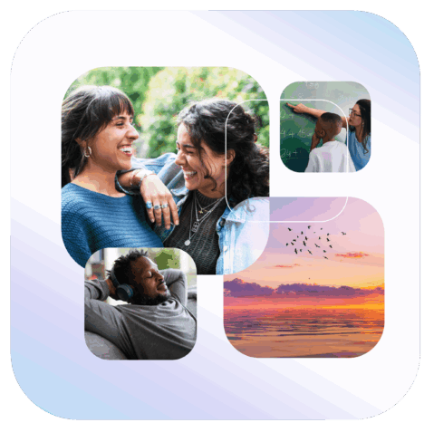 a collage of photos of people and a sunset