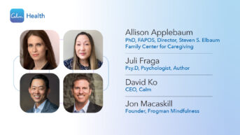 a group of people are shown on a blue and white background