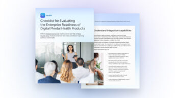 a brochure with a woman speaking to a group of people