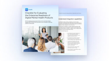 a brochure with a woman speaking to a group of people