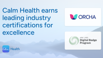 three logos with the words, calm health earn leading industry certificates for excellence